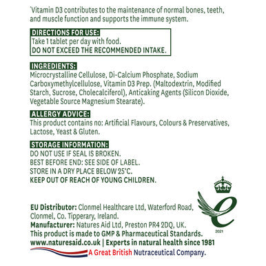 Natures Aid Vitamin D3 400iu (10ug) 90 Tablets - Image 2
